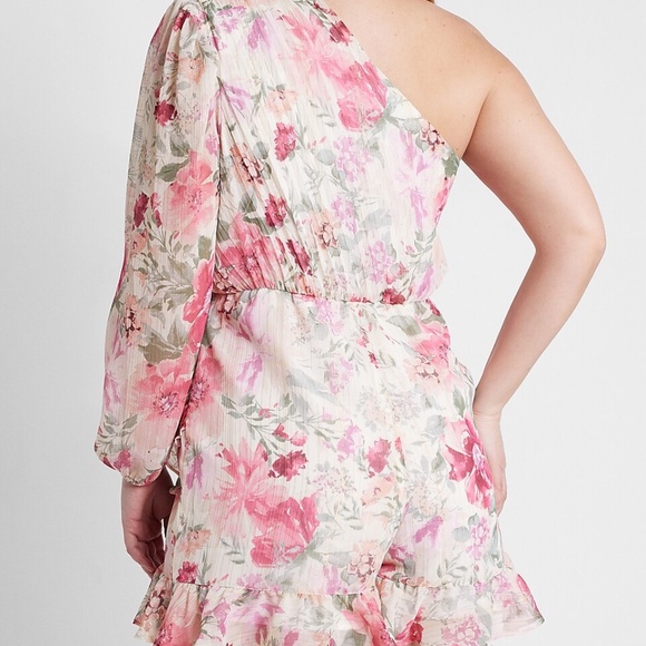 Express Metallic Floral One-Shoulder Romper | Faux Wrap | Ruffle Hem | Size L - Picture 3 of 7